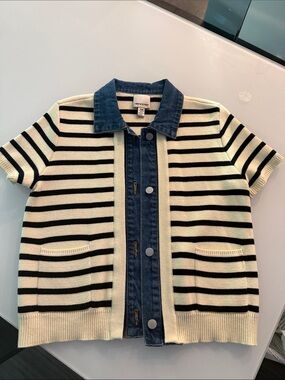 INDUSTRY Cream & Black Striped Knit Cardigan with Denim Trim. Wore once!